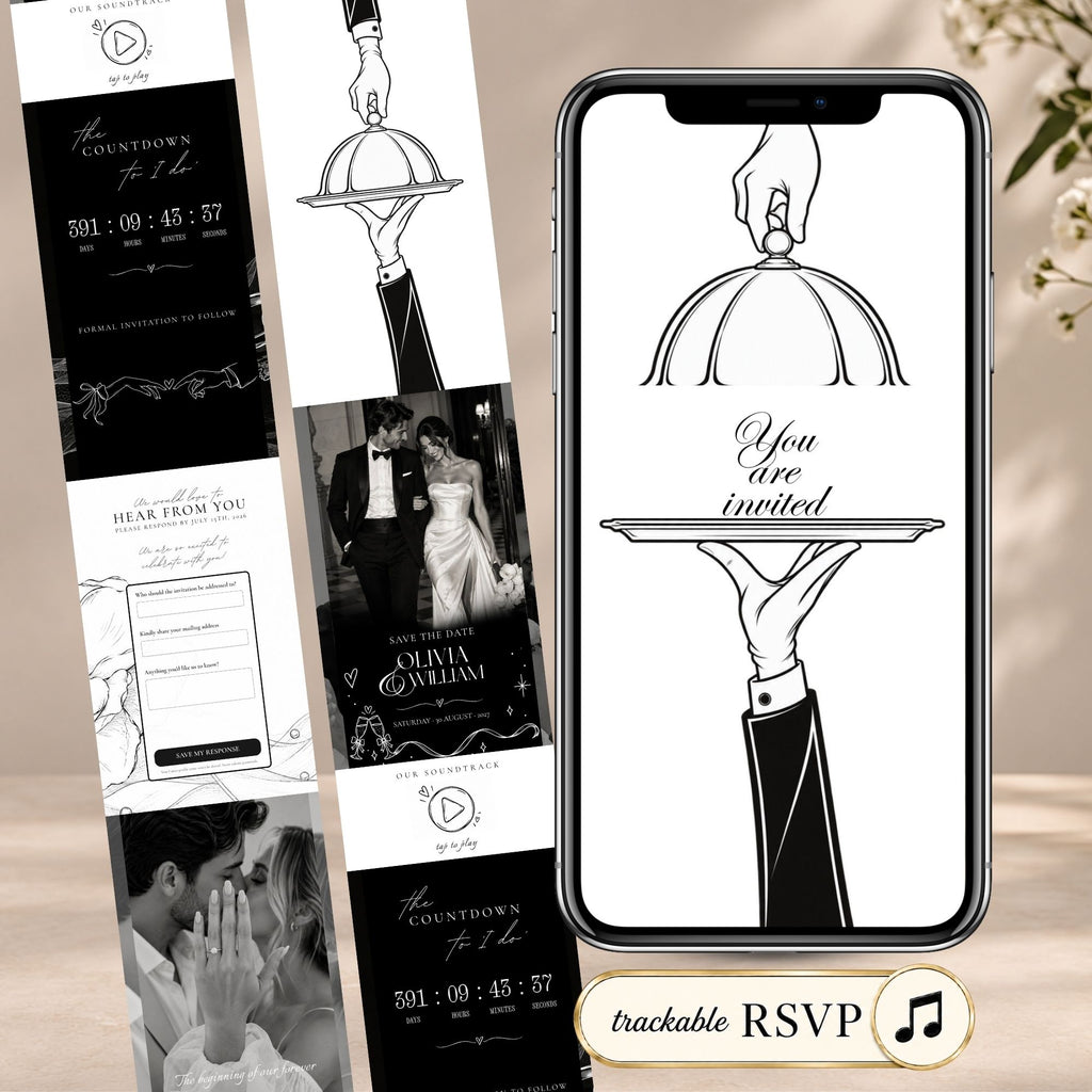 Editorial doodle save the date website template featuring a black and white interactive Canva wedding announcement with RSVP, countdown, and music.