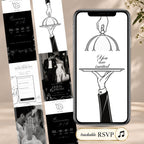 Editorial doodle save the date website template featuring a black and white interactive Canva wedding announcement with RSVP, countdown, and music.