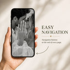 Mobile-friendly editorial save the date website featuring easy navigation between interactive wedding announcement pages.