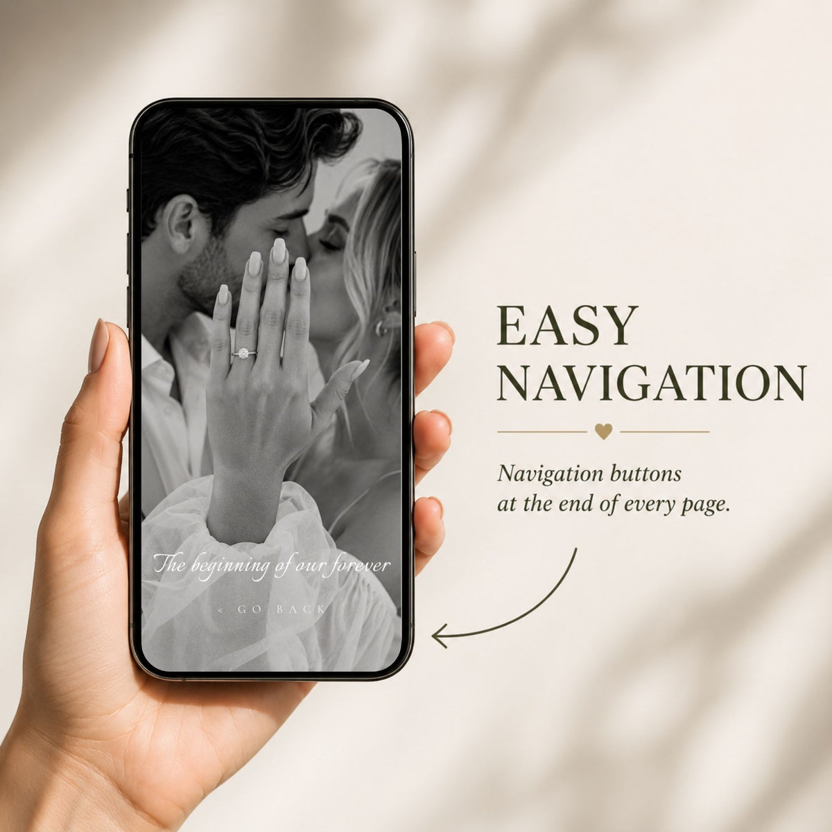 Mobile-friendly editorial save the date website featuring easy navigation between interactive wedding announcement pages.