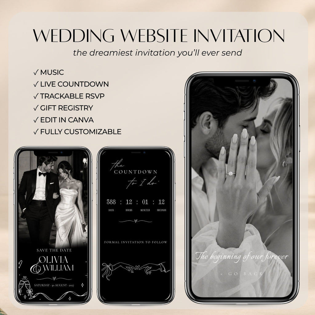 Black tie save the date website template featuring an interactive opening invitation, live countdown, music, built-in RSVP form, and editable Canva design.