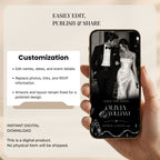 Fully editable Canva save the date website template with customisable text, fonts, colours, photographs, RSVP information, and wedding details.