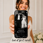 Editorial doodle save the date invitation displayed on a mobile phone, featuring romantic black and white wedding photography and elegant typography.