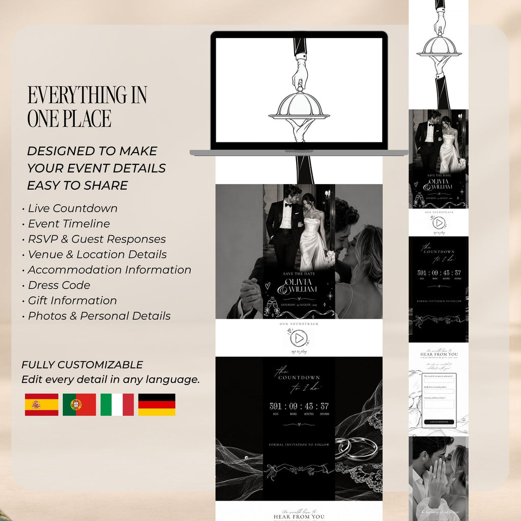 Editable Canva save the date website template with customisable wording for creating wedding announcements in different languages.