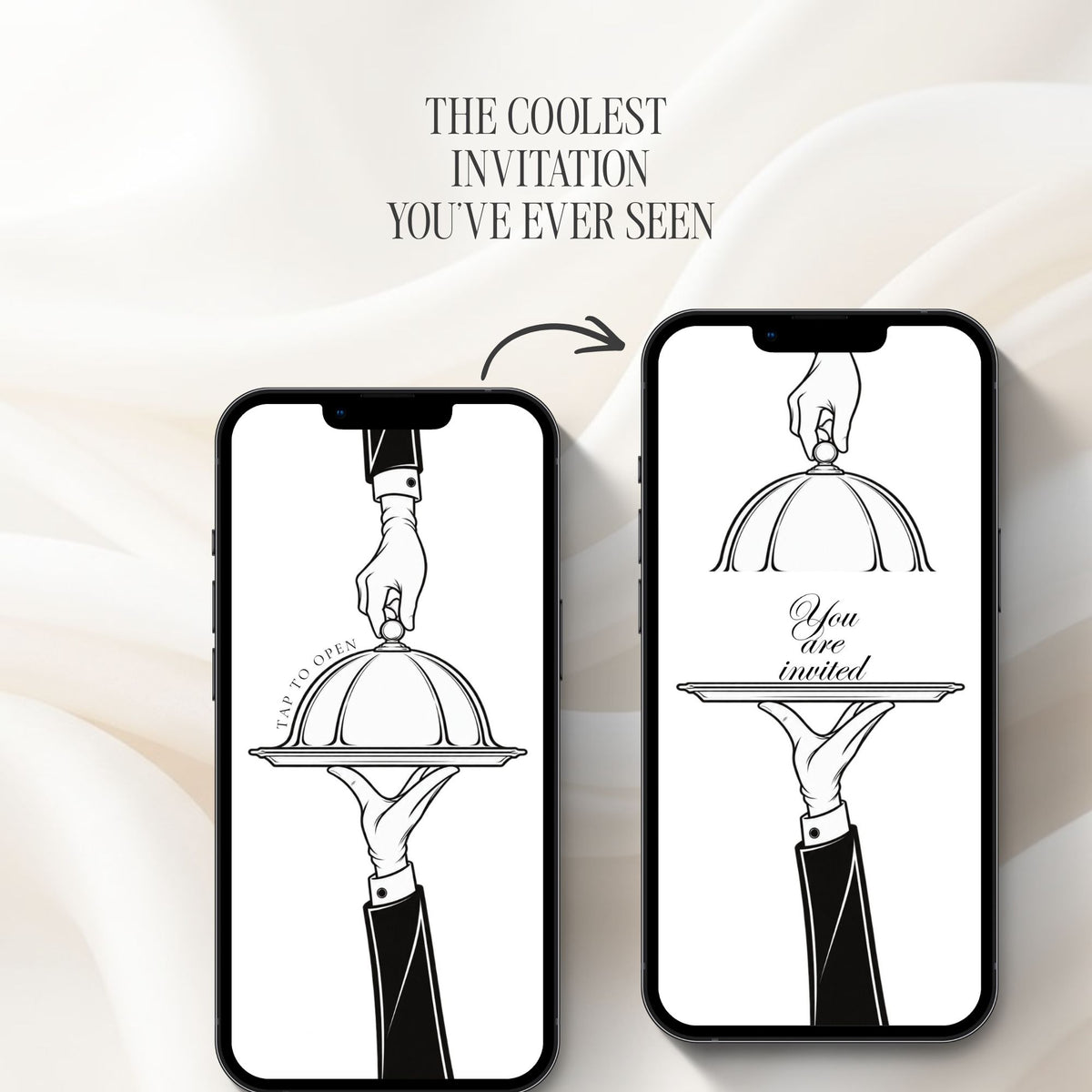 Interactive black and white doodle save the date website homepage featuring an elegant cloche illustration with an opening invitation animation.