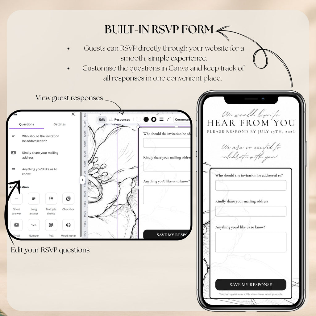 Editorial doodle wedding save the date website featuring a built-in Canva RSVP form for collecting and managing guest attendance responses.