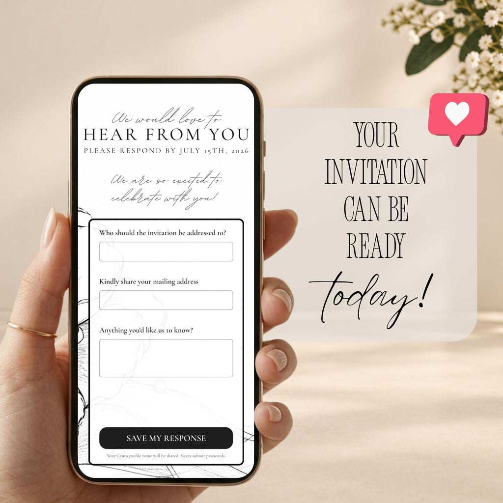 Black and white save the date website featuring a built-in Canva RSVP form for collecting wedding guest responses online.