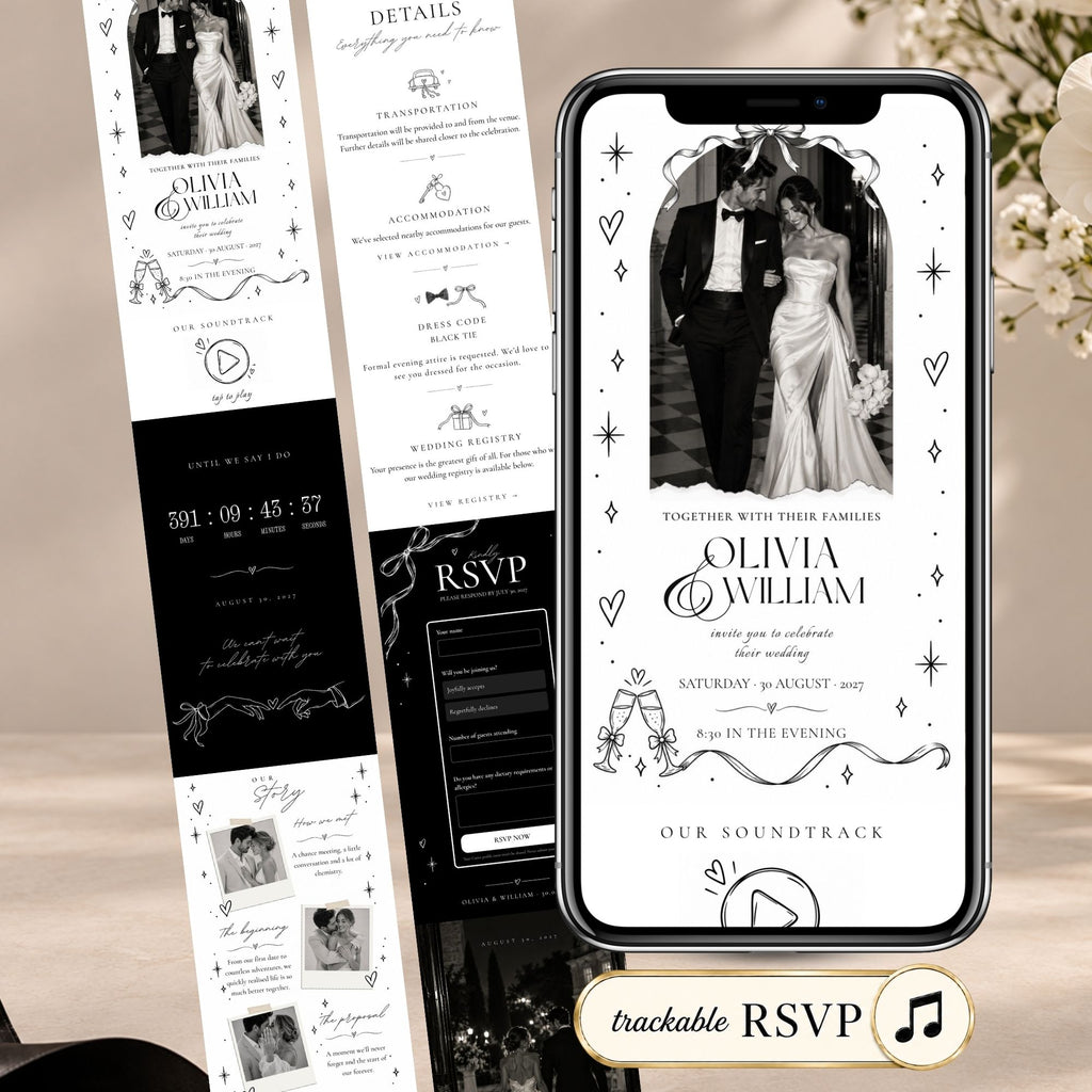 Editorial doodle wedding website template featuring a black and white interactive Canva wedding invitation with built-in RSVP.