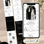 Editorial doodle wedding website template featuring a black and white interactive Canva wedding invitation with built-in RSVP.