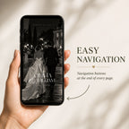 Mobile-friendly editorial wedding website featuring easy navigation between interactive wedding invitation pages and event details.
