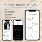 Black tie wedding website template featuring music, live countdown, customisable pages, built-in RSVP form, and interactive invitation.