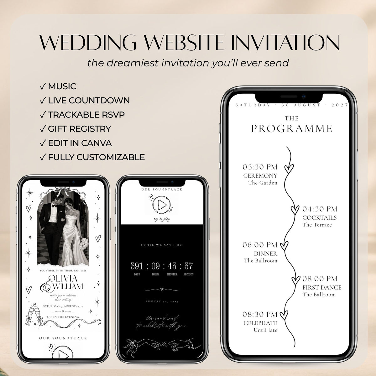 Black tie wedding website template featuring music, live countdown, customisable pages, built-in RSVP form, and interactive invitation.