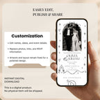 Fully editable Canva wedding website template with customisable text, fonts, colours, photographs, and wedding information.