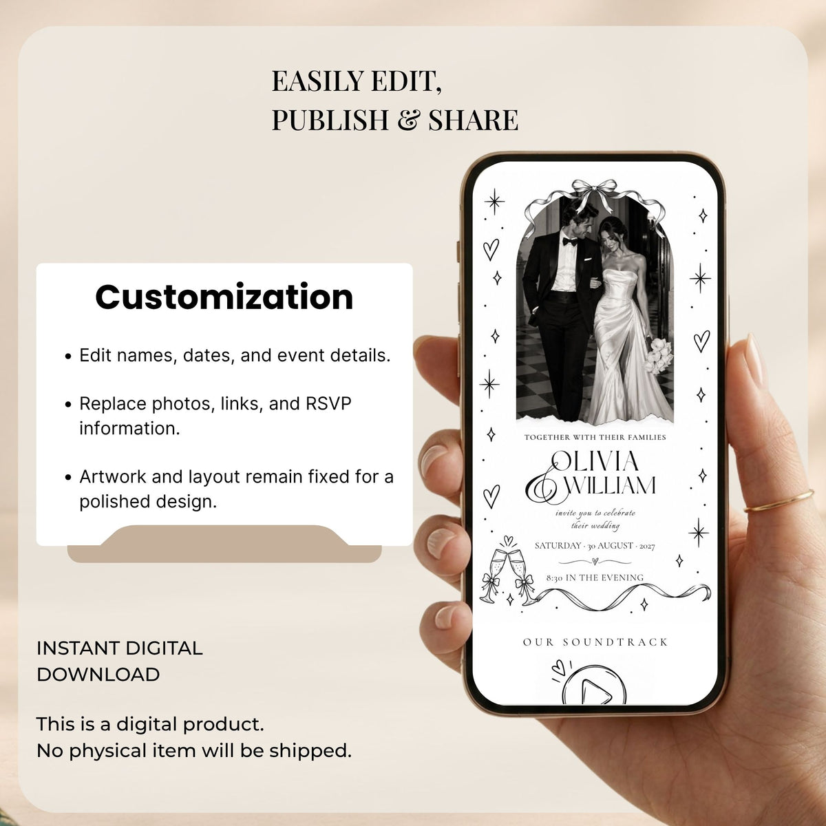 Fully editable Canva wedding website template with customisable text, fonts, colours, photographs, and wedding information.