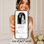 Editorial doodle wedding invitation displayed on a mobile phone, showcasing the elegant black and white Canva website design.