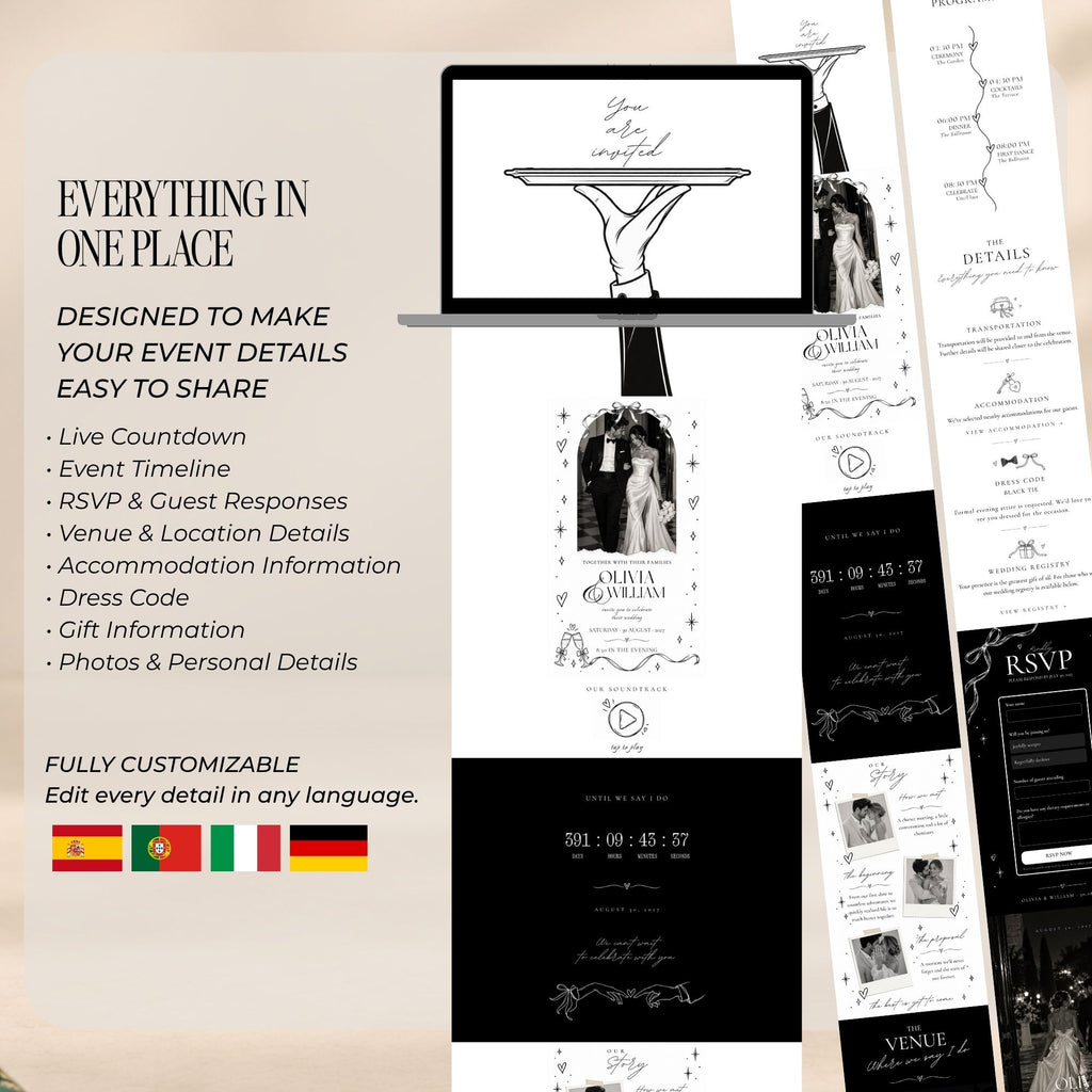 Editable Canva wedding website template with multilingual invitation options, allowing couples to personalise wedding details in different languages.