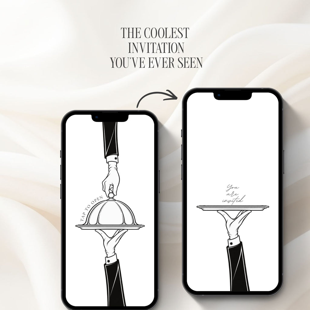 Interactive doodle wedding website homepage featuring an elegant black and white cloche illustration with a lifting lid invitation design.