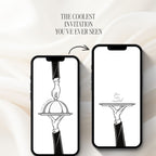 Interactive doodle wedding website homepage featuring an elegant black and white cloche illustration with a lifting lid invitation design.