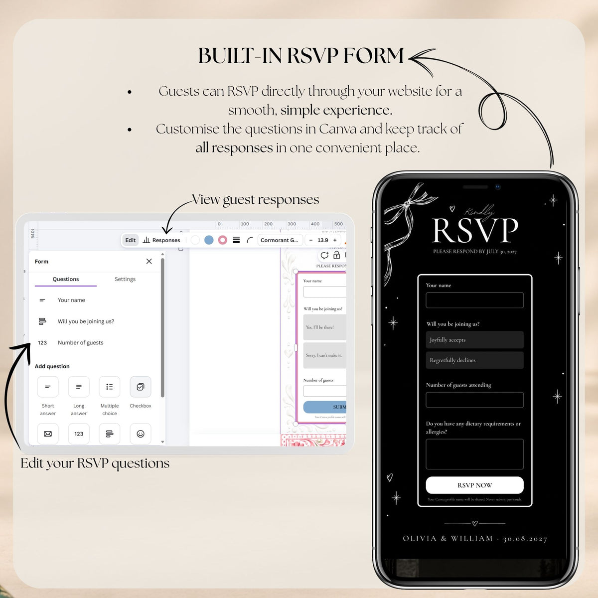 Editorial doodle wedding RSVP website featuring a built-in Canva form for collecting guest responses and managing wedding attendance.