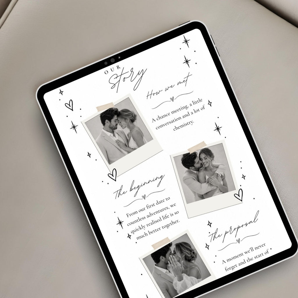 Editorial doodle wedding website displayed on a tablet, showcasing elegant black and white wedding details, photographs, and modern typography.