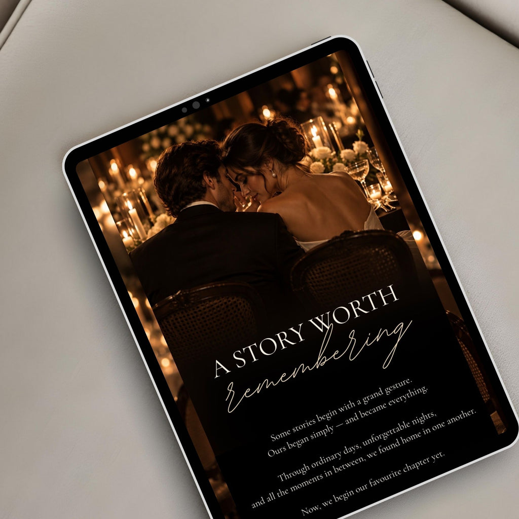 Editorial wedding website displayed on a tablet with romantic candlelit photography and a dedicated couple love story section.