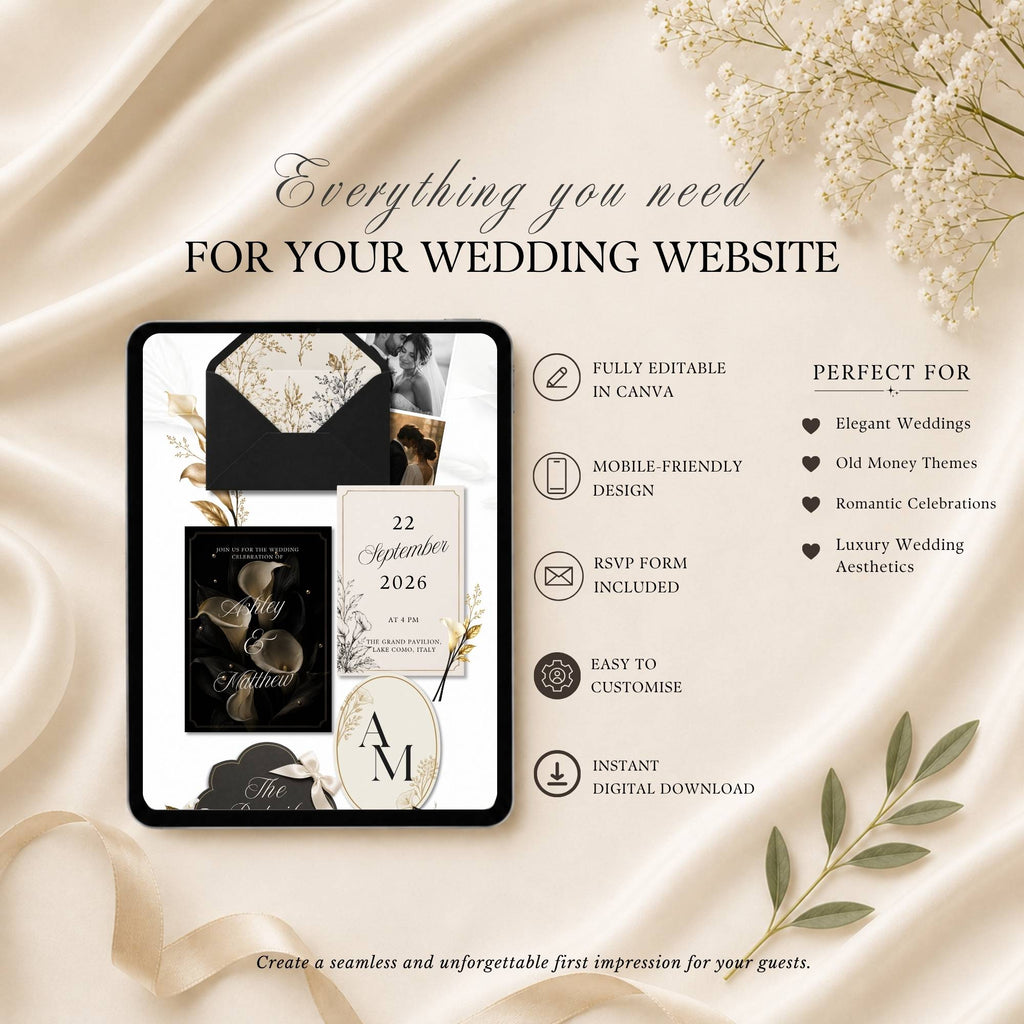 Four-page black and gold wedding website template showing home page RSVP page and love story page