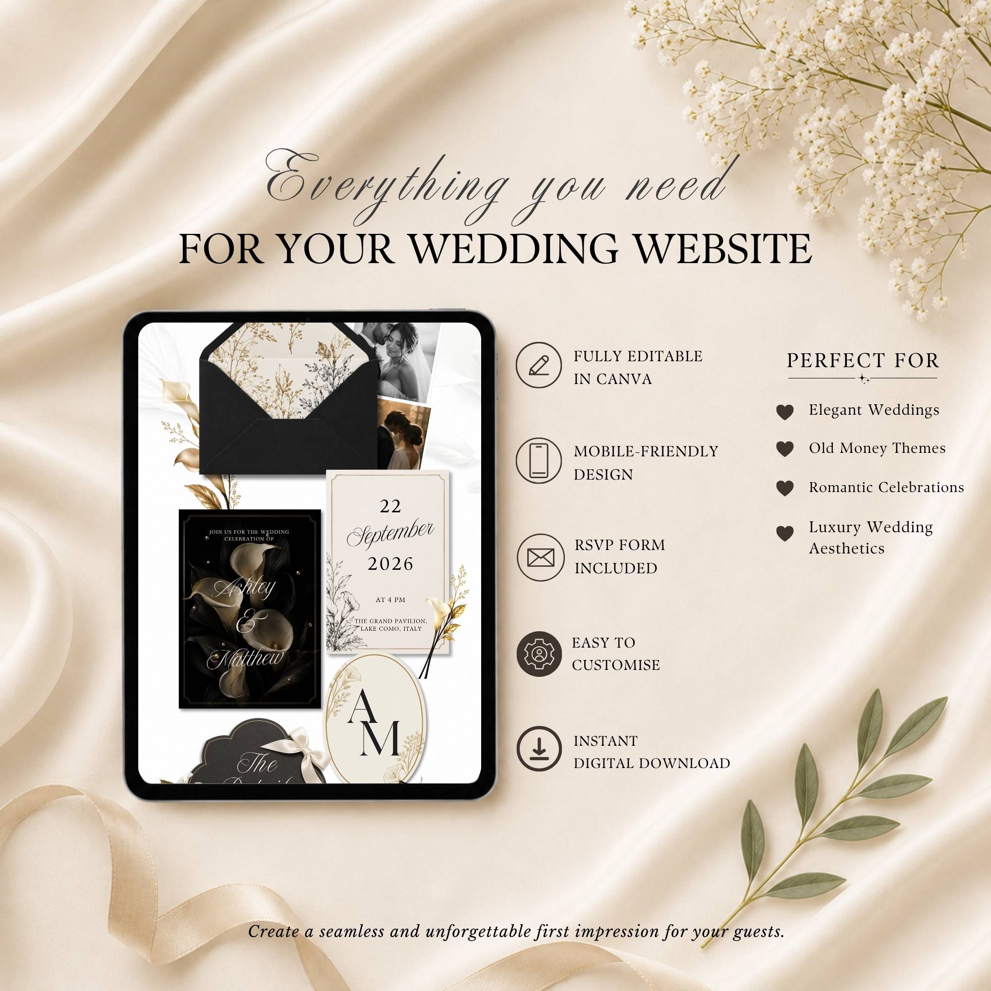 Four-page black and gold wedding website template showing home page RSVP page and love story page