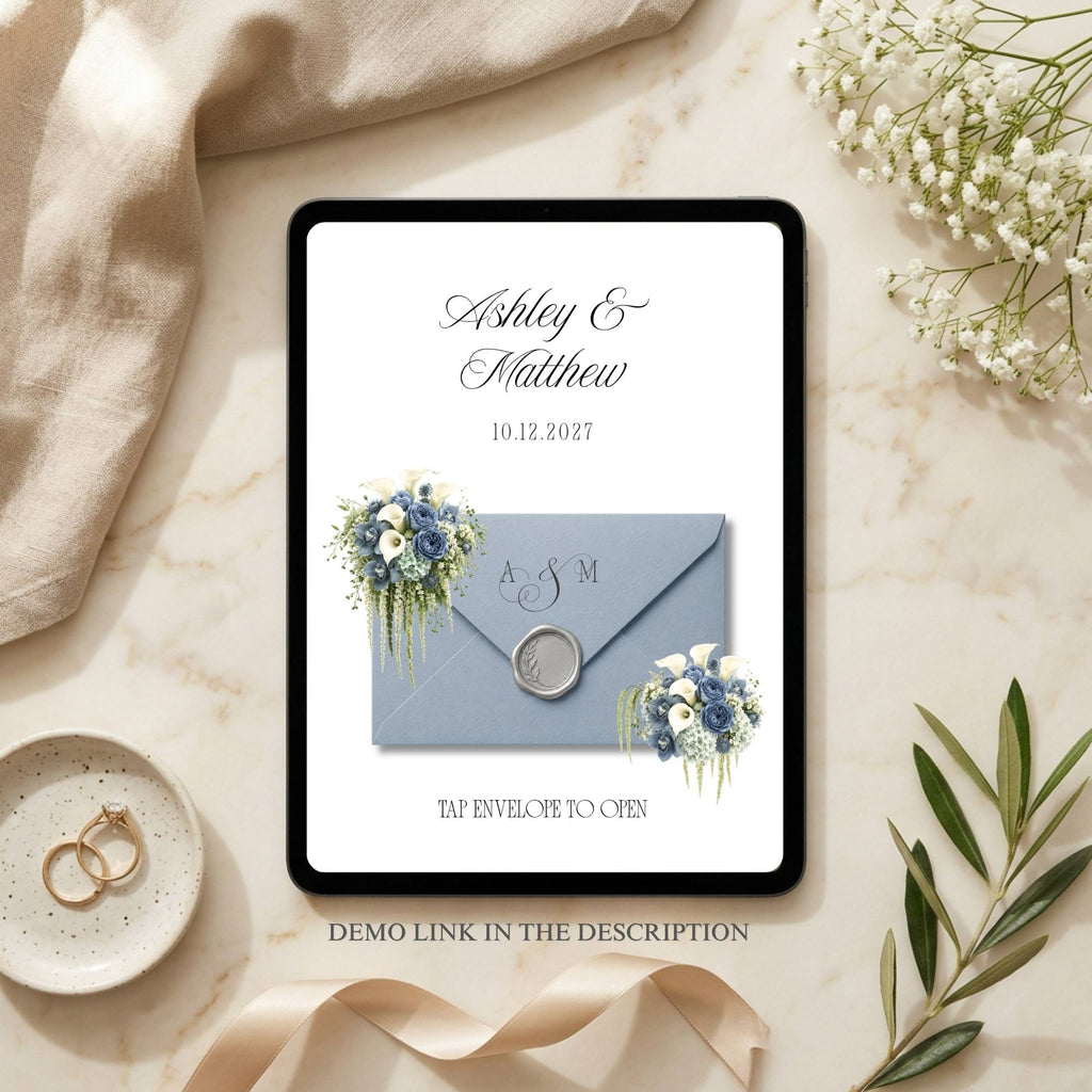Elegant dusty blue Canva wedding website template for modern weddings with editable pages and RSVP section