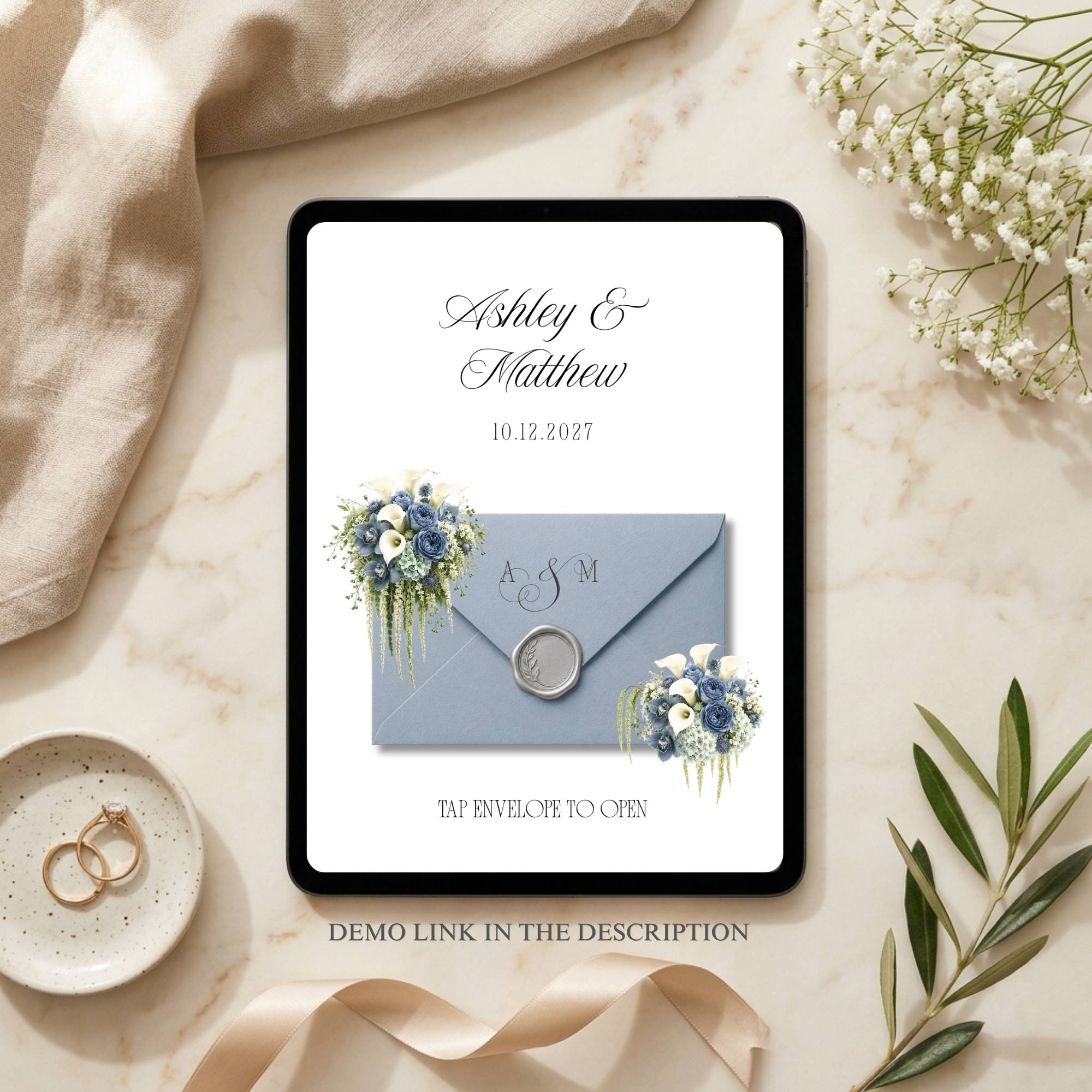 Elegant dusty blue Canva wedding website template for modern weddings with editable pages and RSVP section