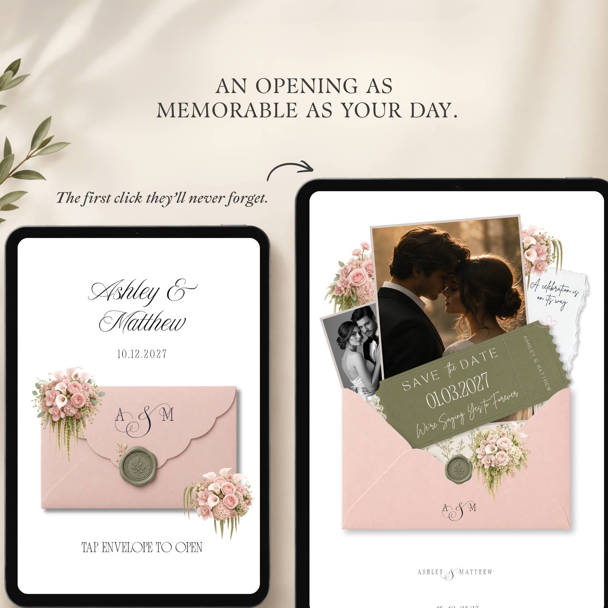 Romantic wedding save the date website featuring custom couple photography