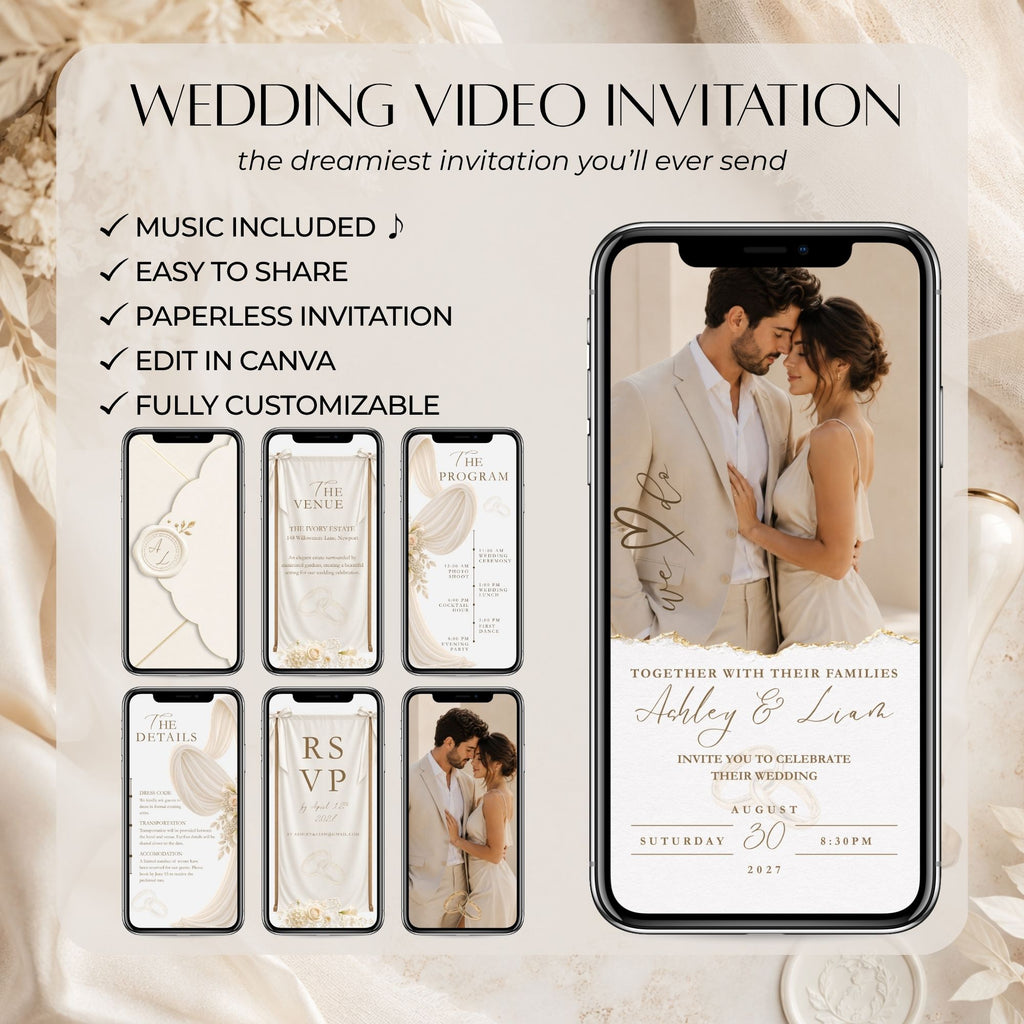 Elegant ivory wedding video invitation featuring music, paperless sharing and an editable Canva wedding template.