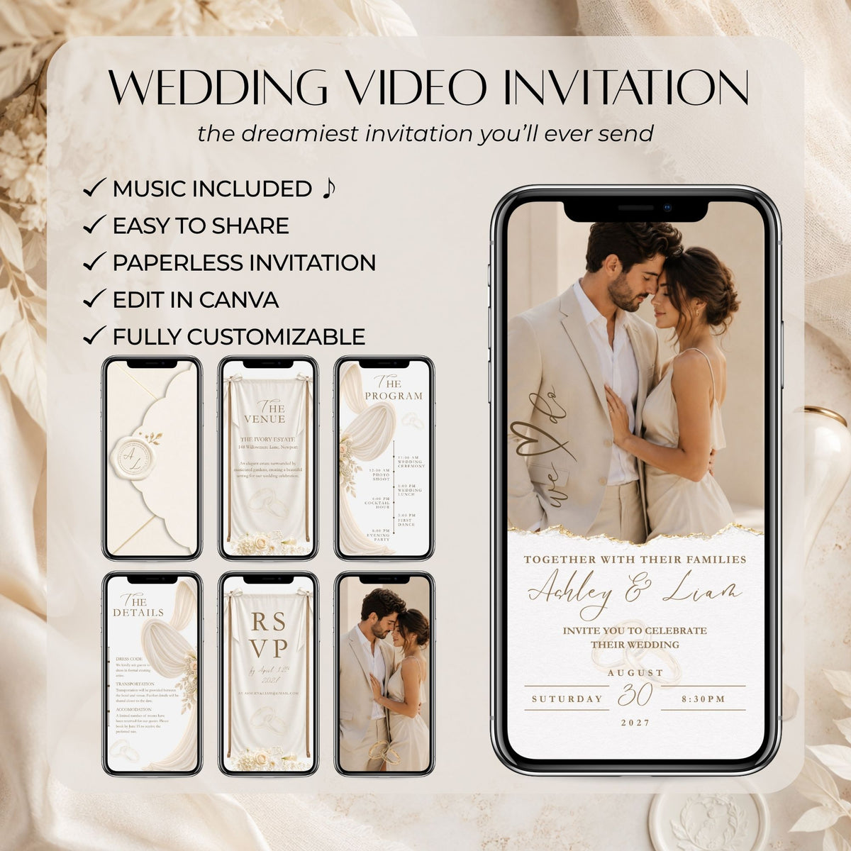 Elegant ivory wedding video invitation featuring music, paperless sharing and an editable Canva wedding template.