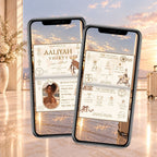 Elegant passport birthday invitation displayed on two phones with champagne and ivory styling, personalised details and celebration itinerary.