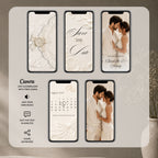 Ivory embossed wedding save the date video showing animated envelope, calendar, couple photograph and mobile-friendly design.