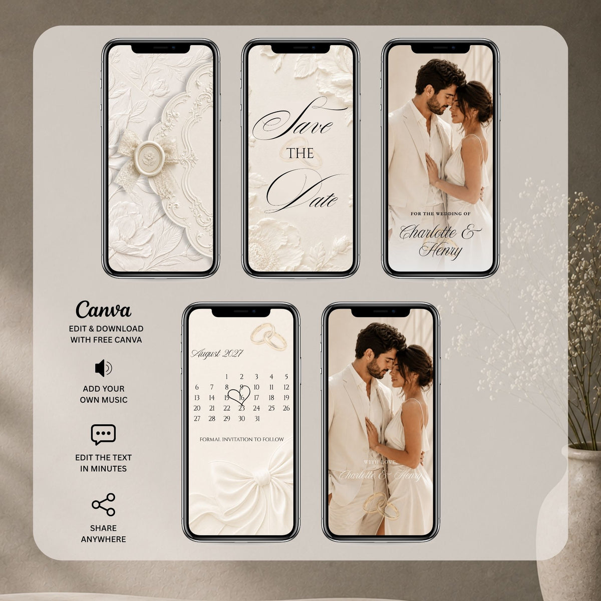 Ivory embossed wedding save the date video showing animated envelope, calendar, couple photograph and mobile-friendly design.