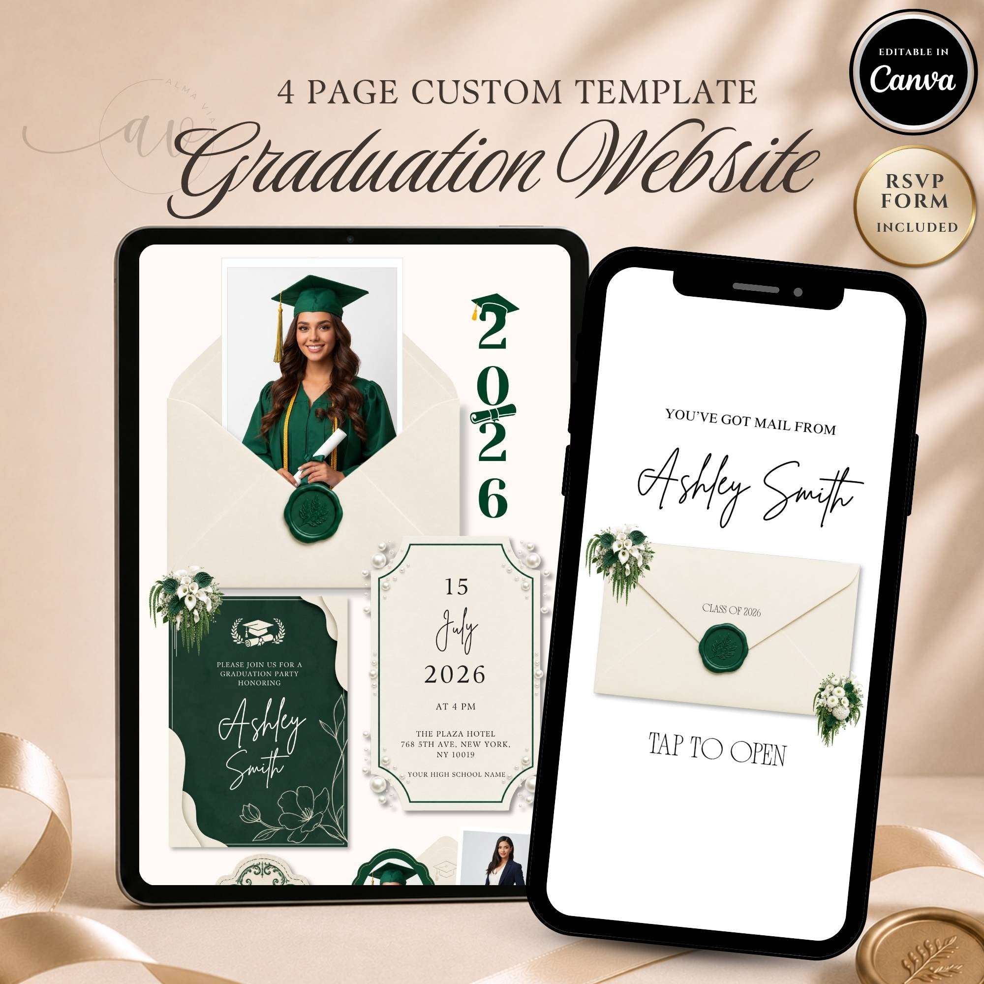 Emerald green graduation party website template with RSVP form and editable Canva design.