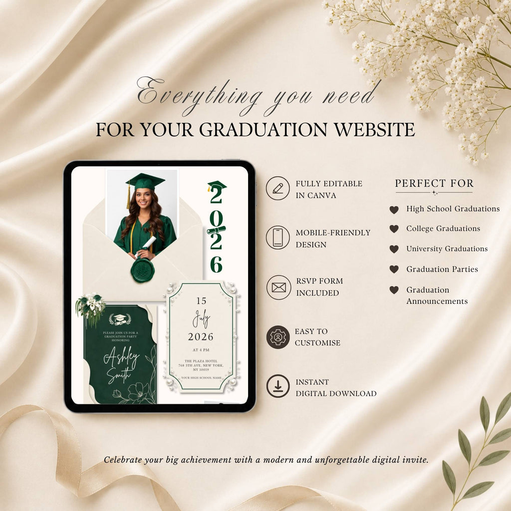 Graduation website template showing event details, photos, RSVP, and celebration information.