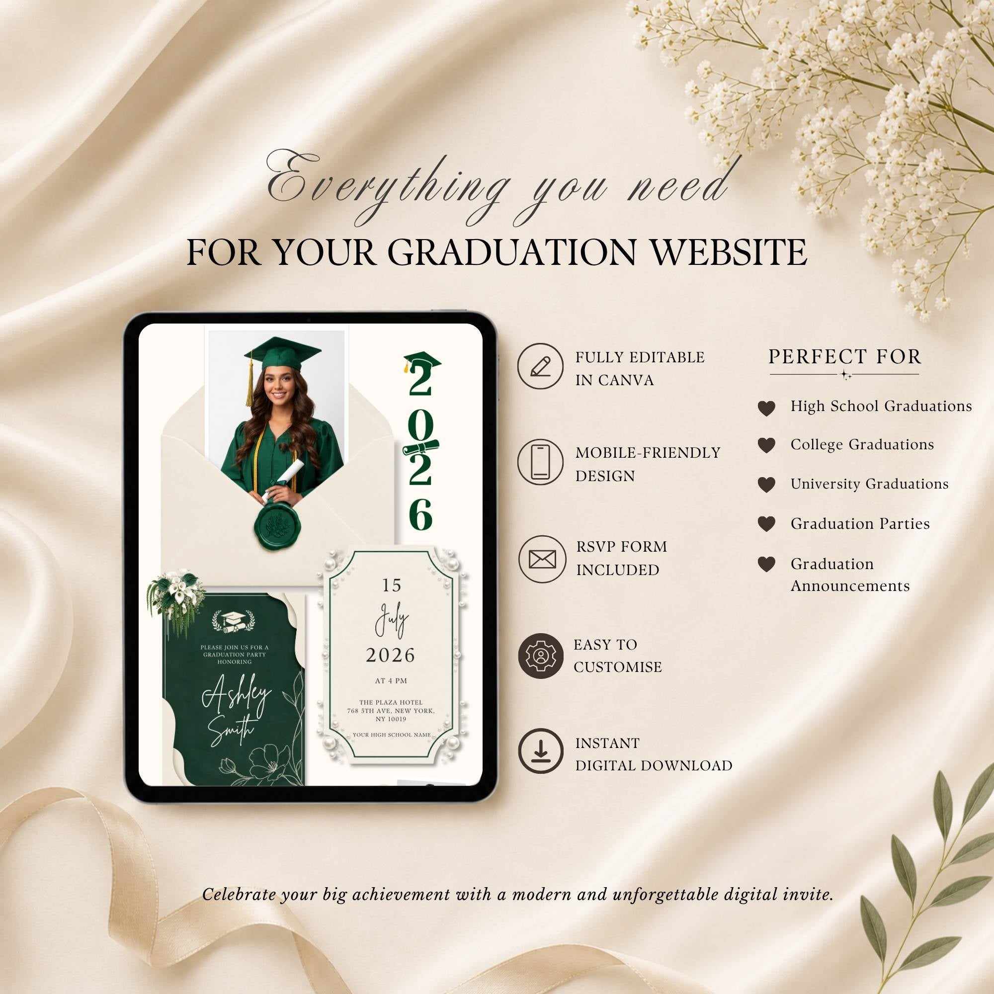 Graduation website template showing event details, photos, RSVP, and celebration information.