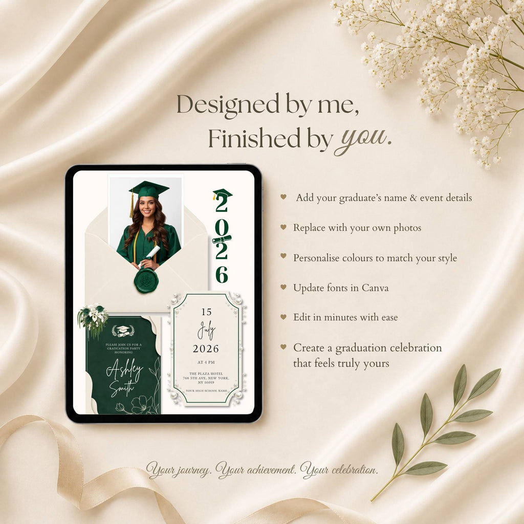 Editable Canva graduation website template with customizable colors, photos, and text.