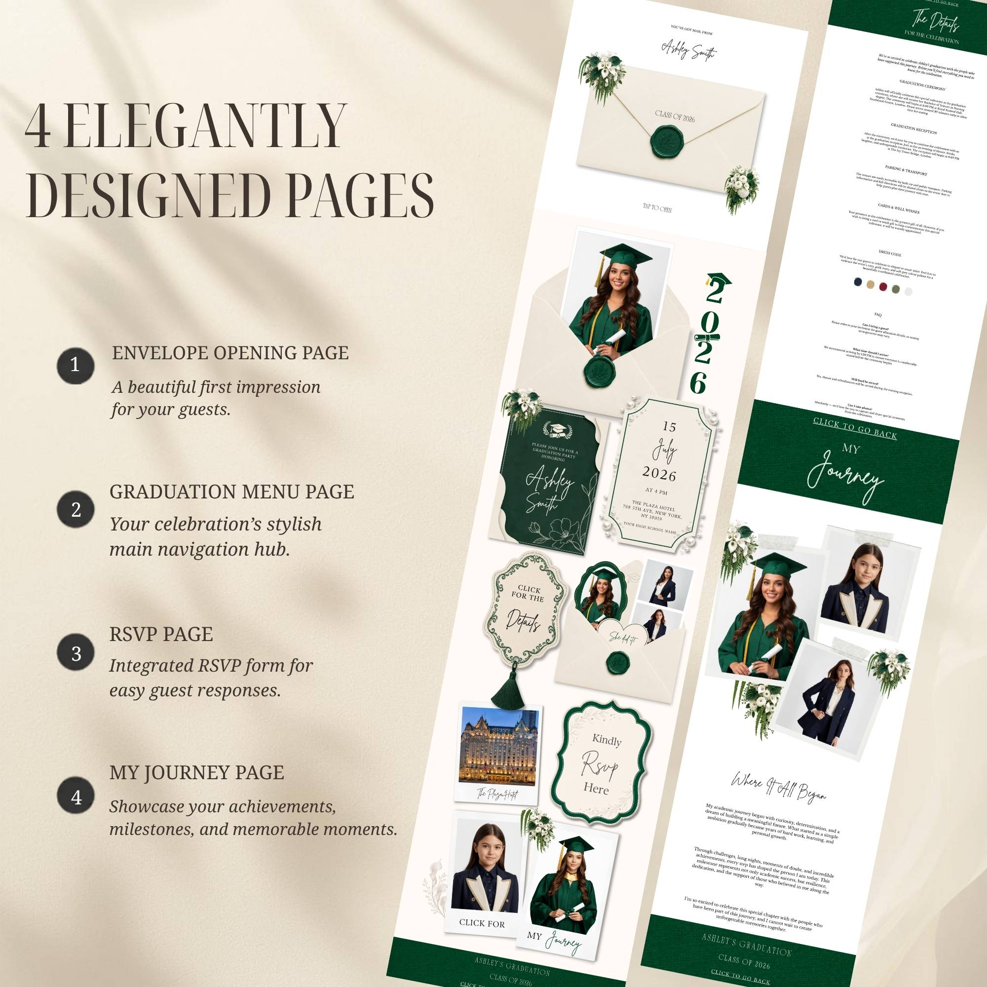 Graduation website template with homepage, RSVP page, event details, and photo sections.