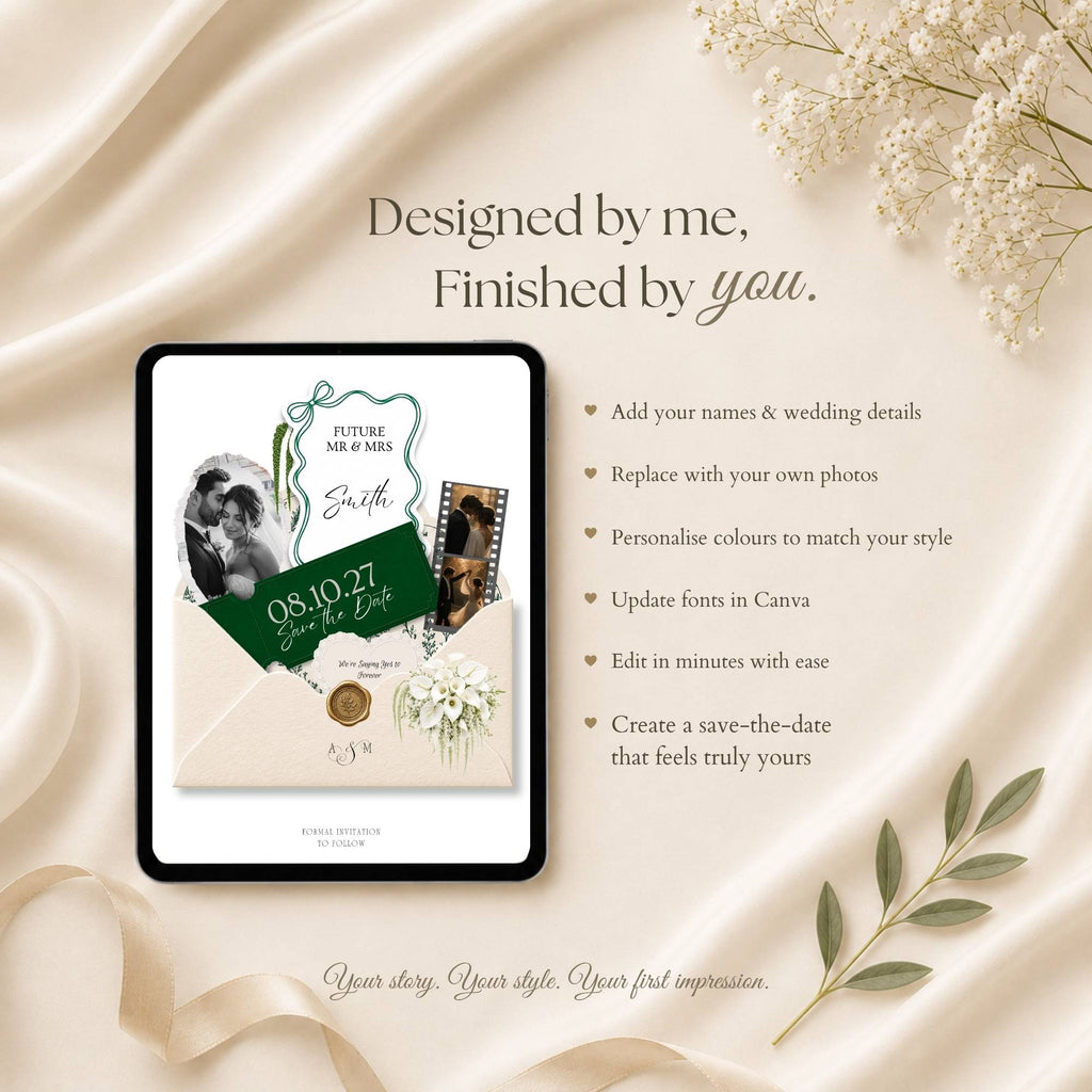Emerald Green wedding RSVP website editable in Canva