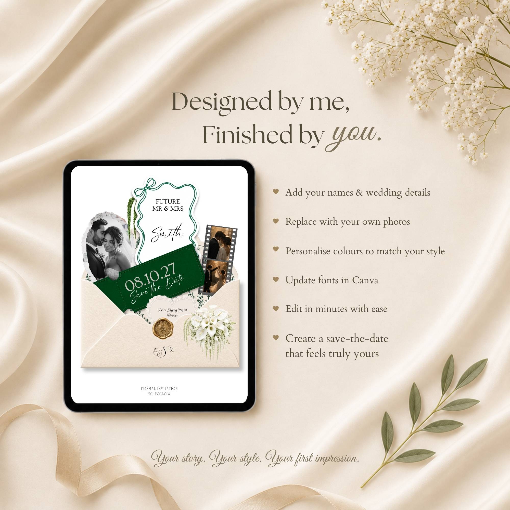 Emerald Green wedding RSVP website editable in Canva