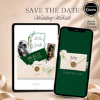 Emerald Green Save The Date Wedding Website template with RSVP and editable Canva design