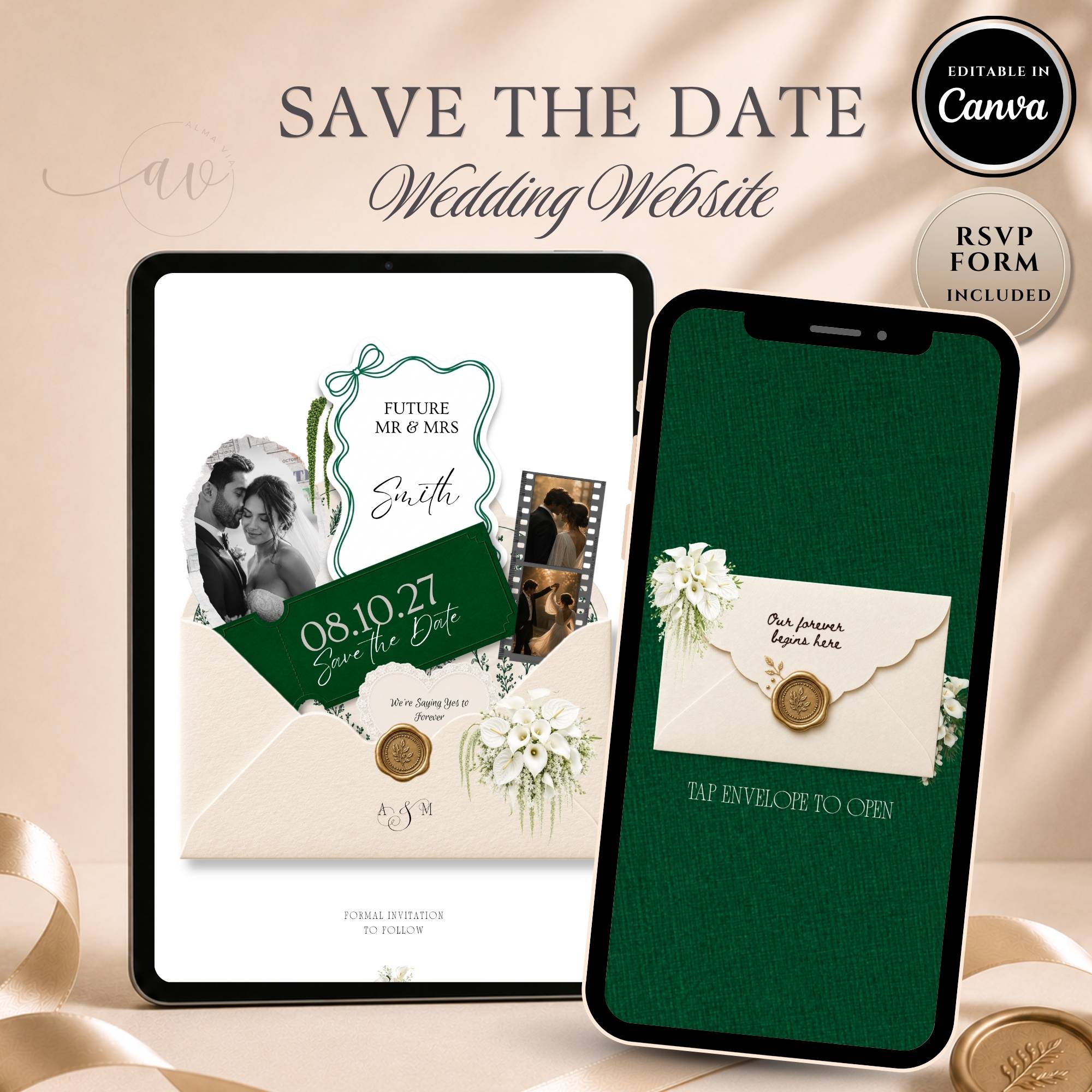 Emerald Green Save The Date Wedding Website template with RSVP and editable Canva design