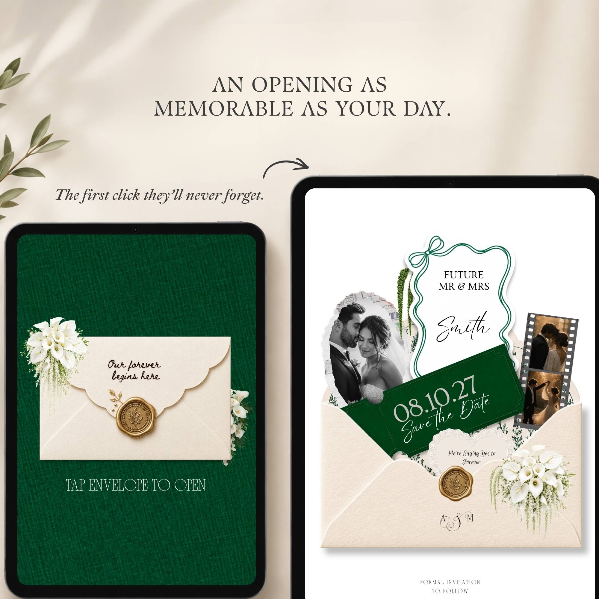 Emerald Green floral Save The Date Wedding Website template with RSVP form