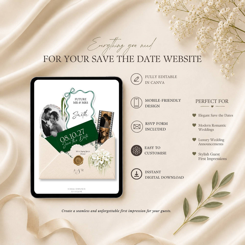 Emerald Green wedding website envelope opening page for digital save the date announcement