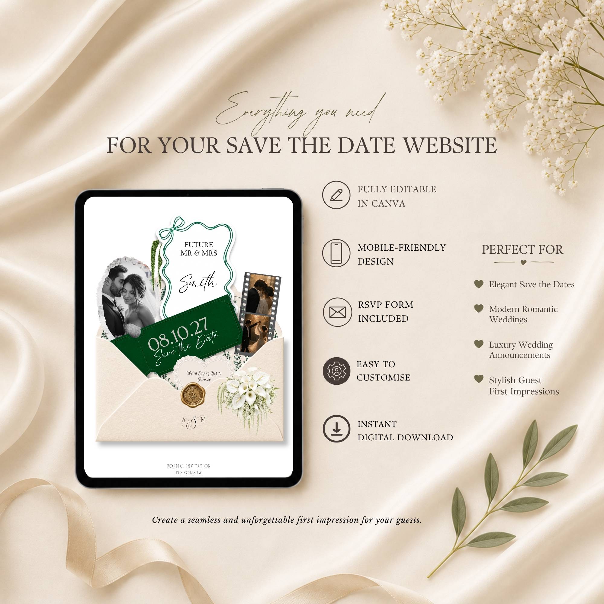 Emerald Green wedding website envelope opening page for digital save the date announcement