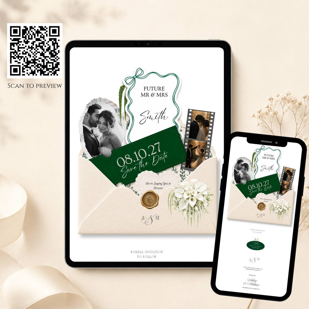 Mobile view of Emerald Green Save The Date Wedding Website template