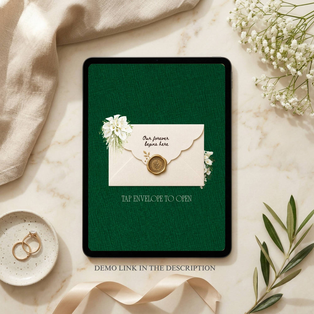 Green and gold Save The Date Wedding Website editable in Canva