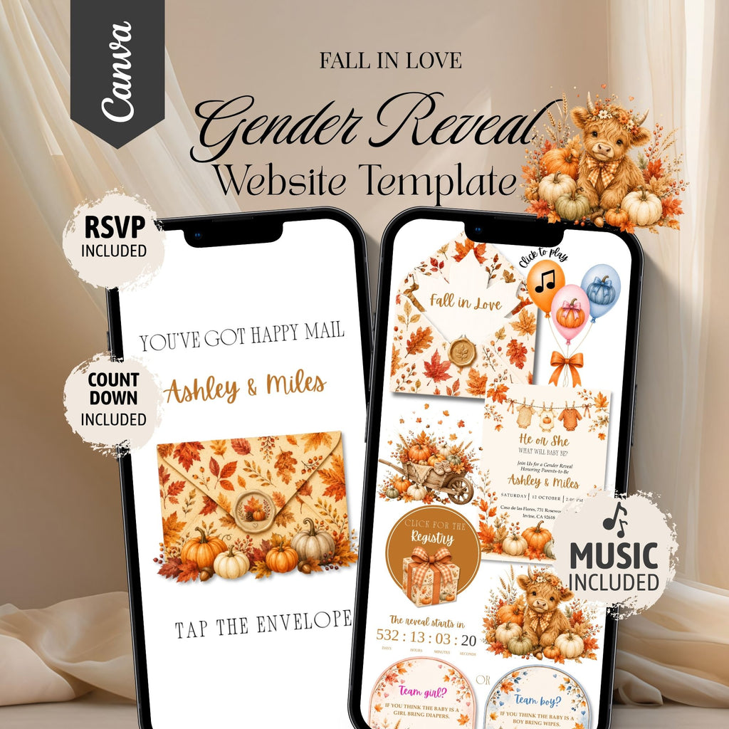 Fall in Love gender reveal website template featuring an interactive fall gender reveal website with RSVP.